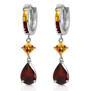 14K. HUGGIE EARRING WITH DANGLING GARNETS & CITRINES (White Gold)